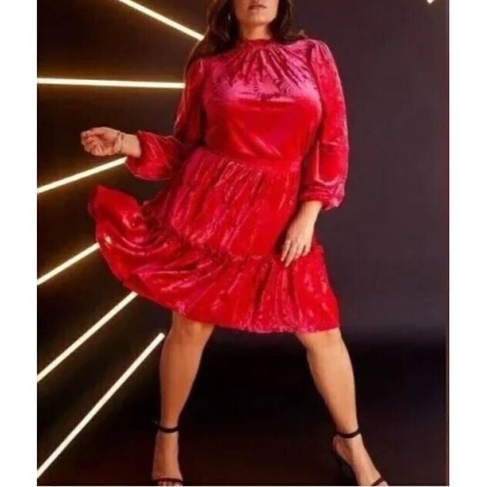 Eloquii Elements Dress Womens 14 Pink Velvet Burnout Dress Ruffle Long Sleeve